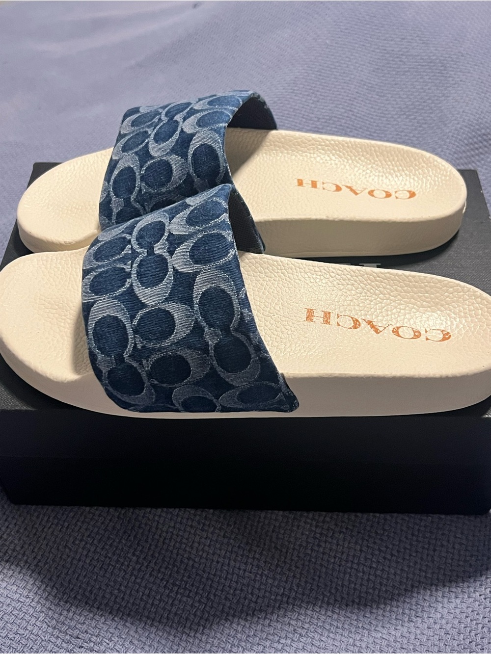 Coach Navy Denim Logo Slide Sandals with Cream Footbed - Picture 2 of 5
